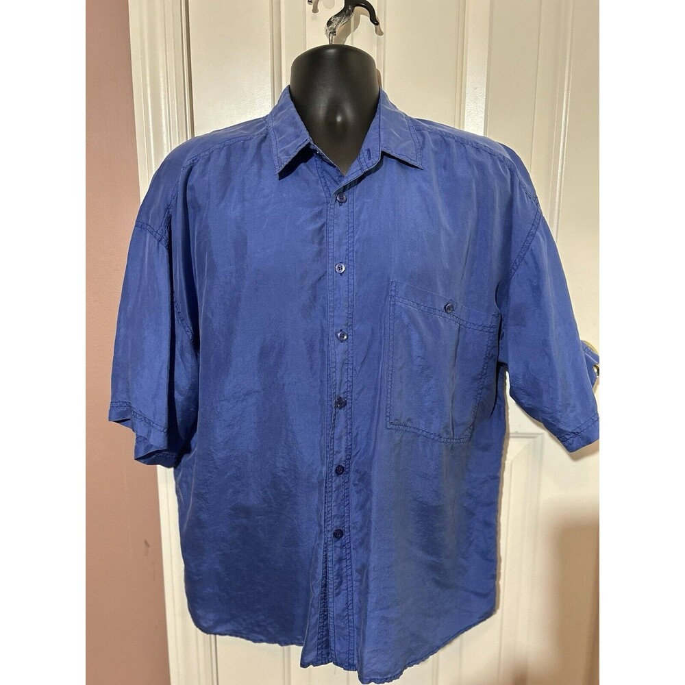 Protest Silk Shirt Mens Large Short Sleeve Blue Disco Button Lightweight Vintage